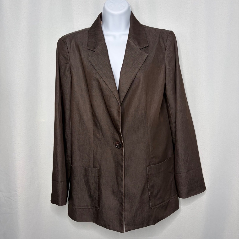 Susan Graver Womens Brown Button Boyfriend Blazer Leopard Print Lining Small